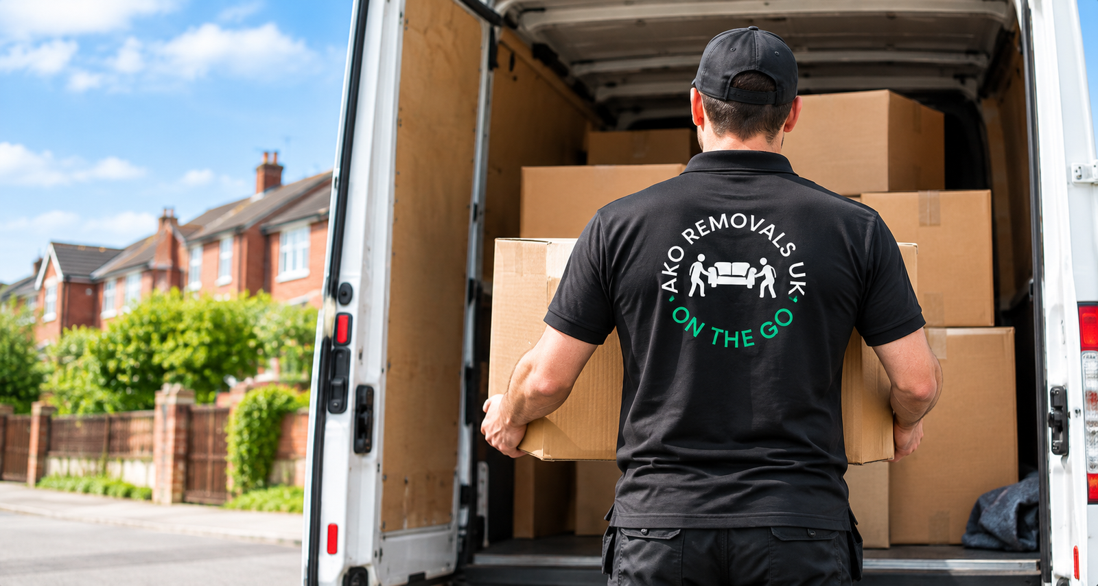AKO Removals UK team member carrying boxes from the van