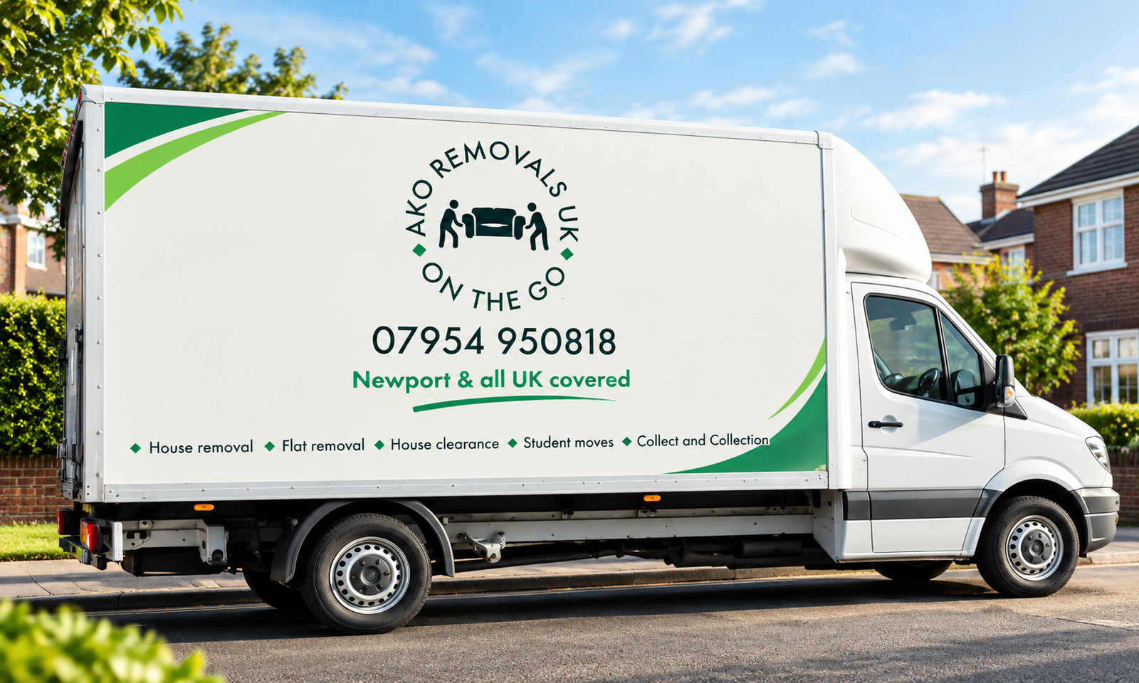 AKO Removals UK van parked outside a house - Your move, our priority
